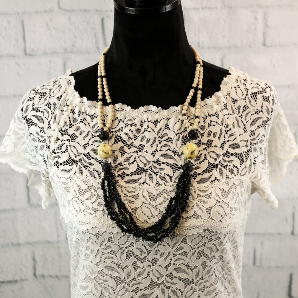 Vintage Karla Jordan Fossil Black Bead Necklace